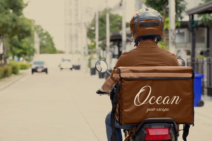 delivery man wearing blue uniform riding motorcycle delivery box 41350 1327