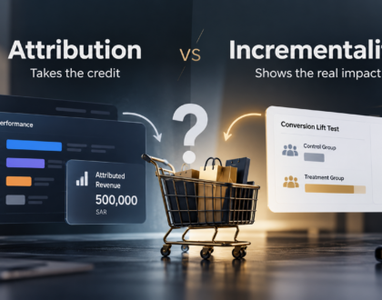 مقارنة بين Attribution وIncrementality في قياس أداء الحملات الإعلانية، مع توضيح الفرق بين الإيرادات المنسوبة للإعلانات والإيرادات الإضافية المقاسة عبر Conversion Lift.