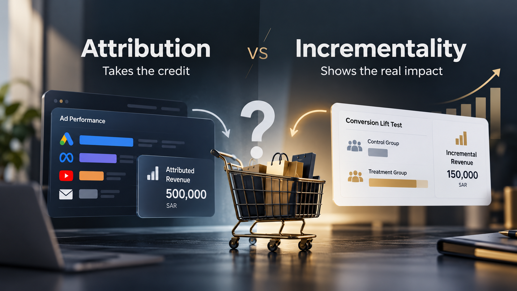 مقارنة بين Attribution وIncrementality في قياس أداء الحملات الإعلانية، مع توضيح الفرق بين الإيرادات المنسوبة للإعلانات والإيرادات الإضافية المقاسة عبر Conversion Lift.