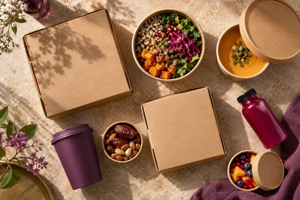Digital Marketing Agency - Graphic design services, Web design , Branding and identity design , SEO optimization 52 Unbranded food and drink packaging with dates, a salad bowl and juice