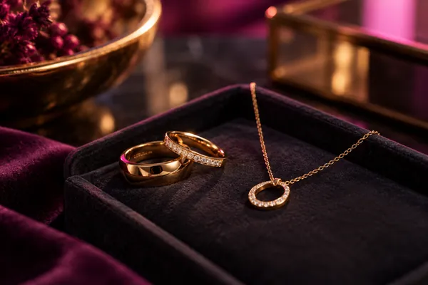 Digital Marketing Agency - Graphic design services, Web design , Branding and identity design , SEO optimization 51 Gold rings and a necklace on dark velvet
