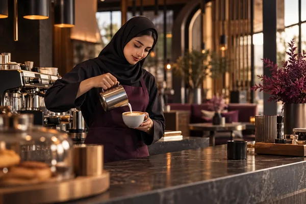Digital Marketing Agency - Graphic design services, Web design , Branding and identity design , SEO optimization 47 Barista pouring a latte in a modern Saudi cafe