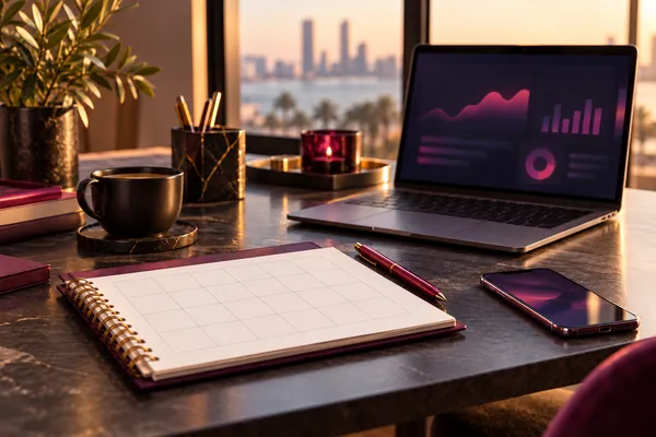 Digital Marketing Agency - Graphic design services, Web design , Branding and identity design , SEO optimization 54 Planner, laptop with analytics and phone on a desk