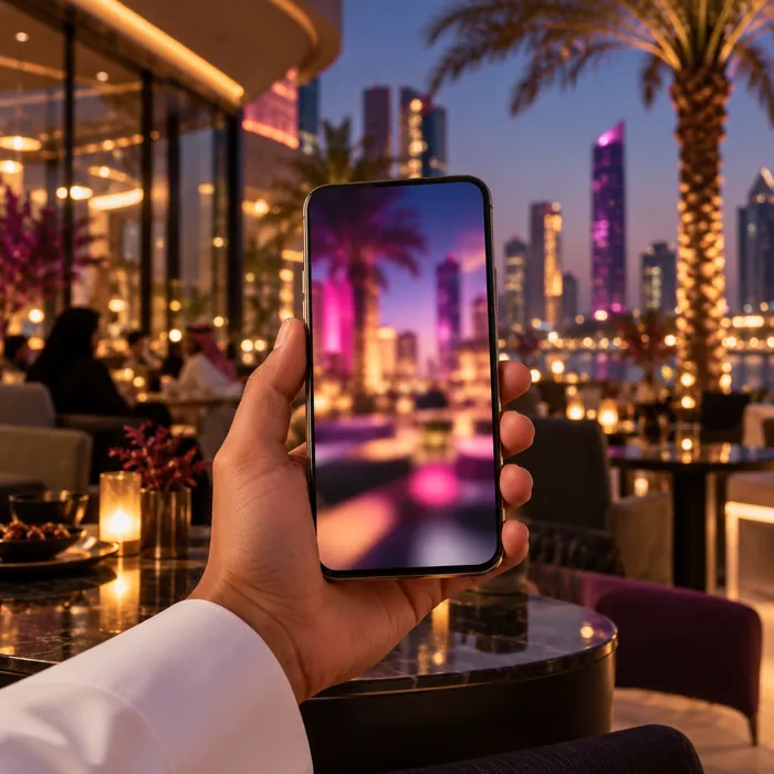 Digital Marketing Agency - Graphic design services, Web design , Branding and identity design , SEO optimization 45 Hand holding a smartphone on an evening cafe terrace in Saudi Arabia